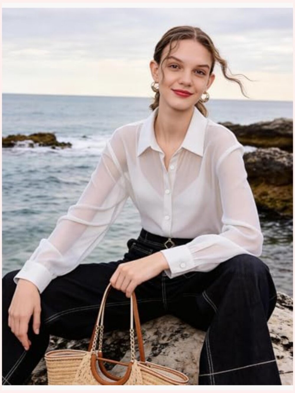 Sheer Button Down Shirt Long Sleeve See Through Chiffon Blouse Tunic Tops - Picture 5 of 7